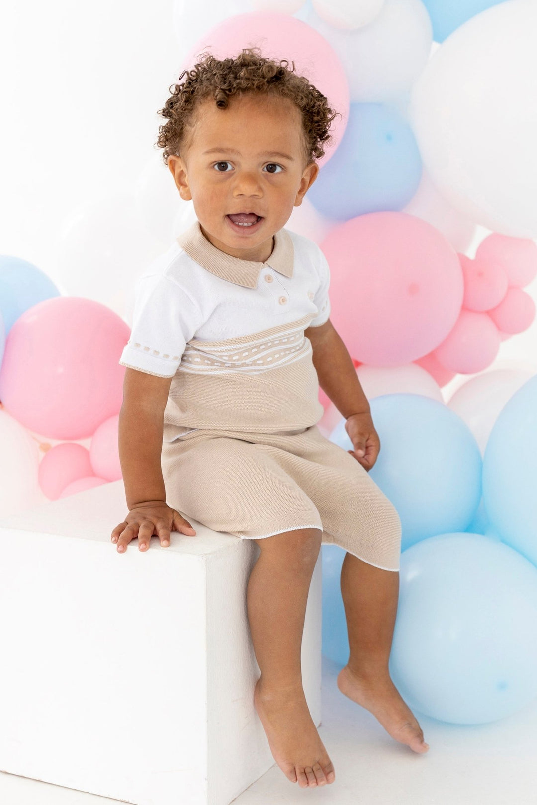 Blues Baby "Archie" Beige Knit Polo Shirt & Shorts - Millie and John