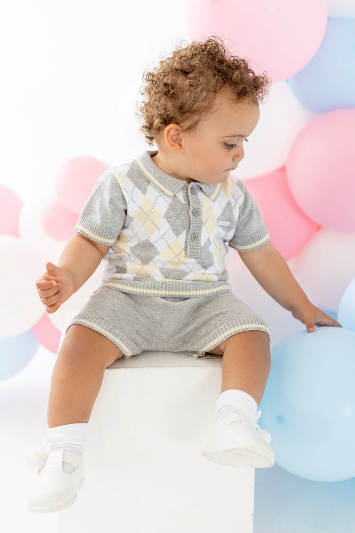 Blues Baby "Charlie" Grey & Lemon Argyle Knit Polo Shirt & Shorts - Millie and John