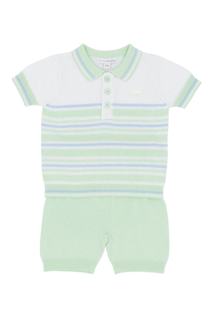 Blues Baby "Enzo" Mint & Blue Striped Knitted Polo Shirt & Shorts - Millie and John