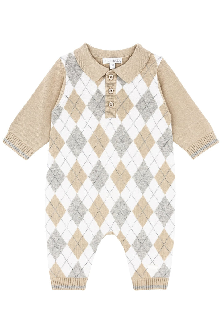 Blues Baby "Logan" Beige & Grey Argyle Knit Romper - Millie and John