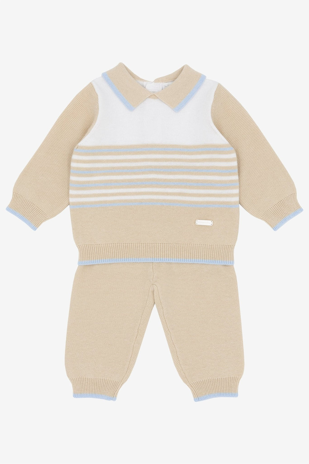 Blues Baby "Mason" Beige, White & Blue Knitted Polo Top & Trousers - Millie and John