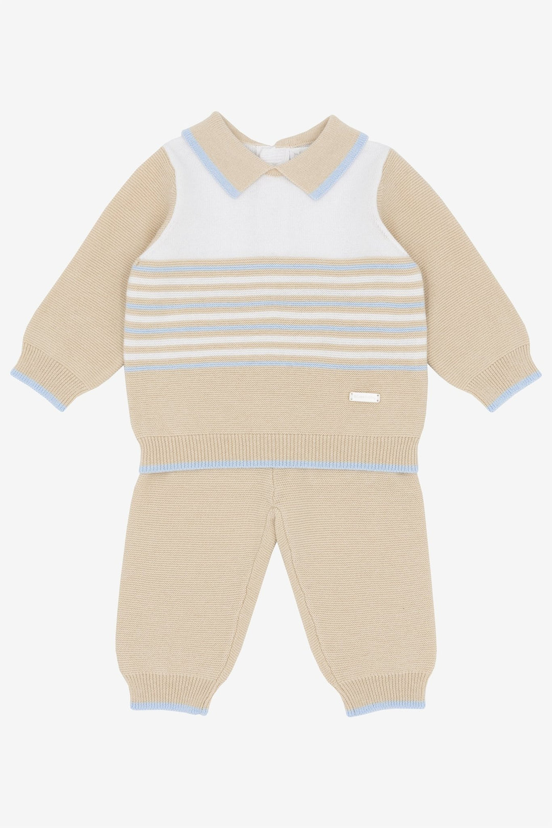 Blues Baby "Mason" Beige, White & Blue Knitted Polo Top & Trousers - Millie and John