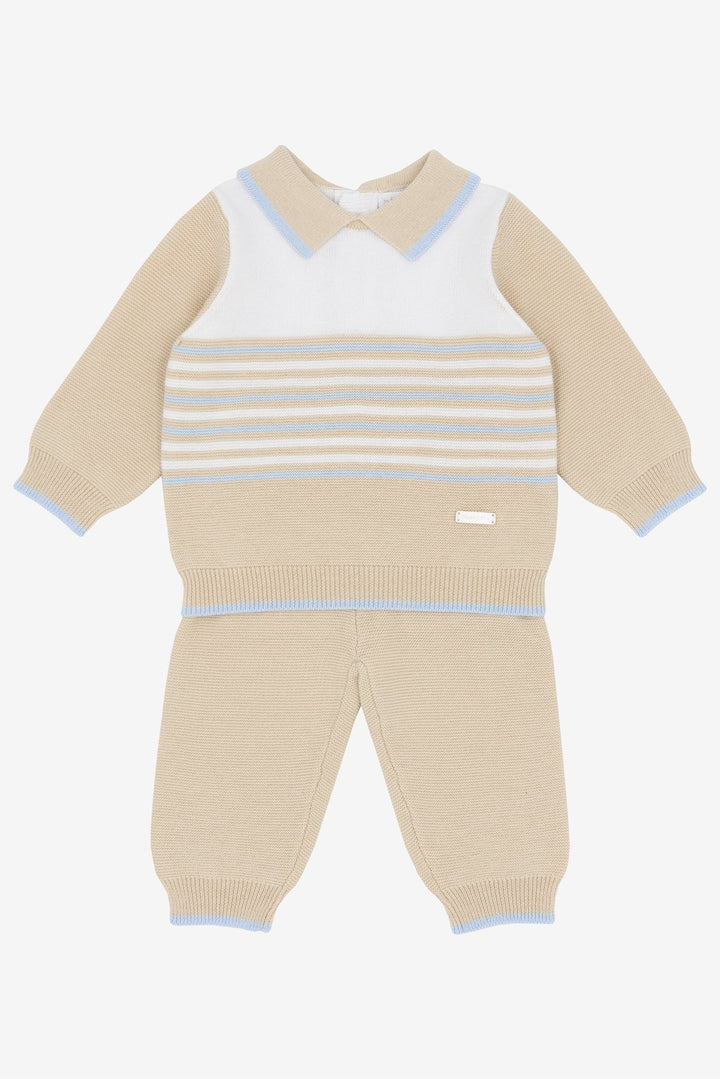 Blues Baby "Mason" Beige, White & Blue Knitted Polo Top & Trousers - Millie and John