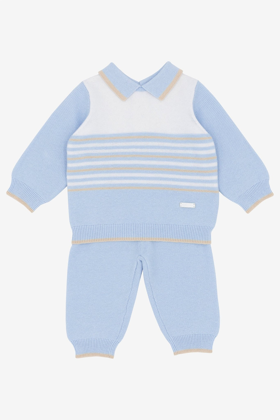 Blues Baby "Mason" Blue, White & Beige Knitted Polo Top & Trousers - Millie and John