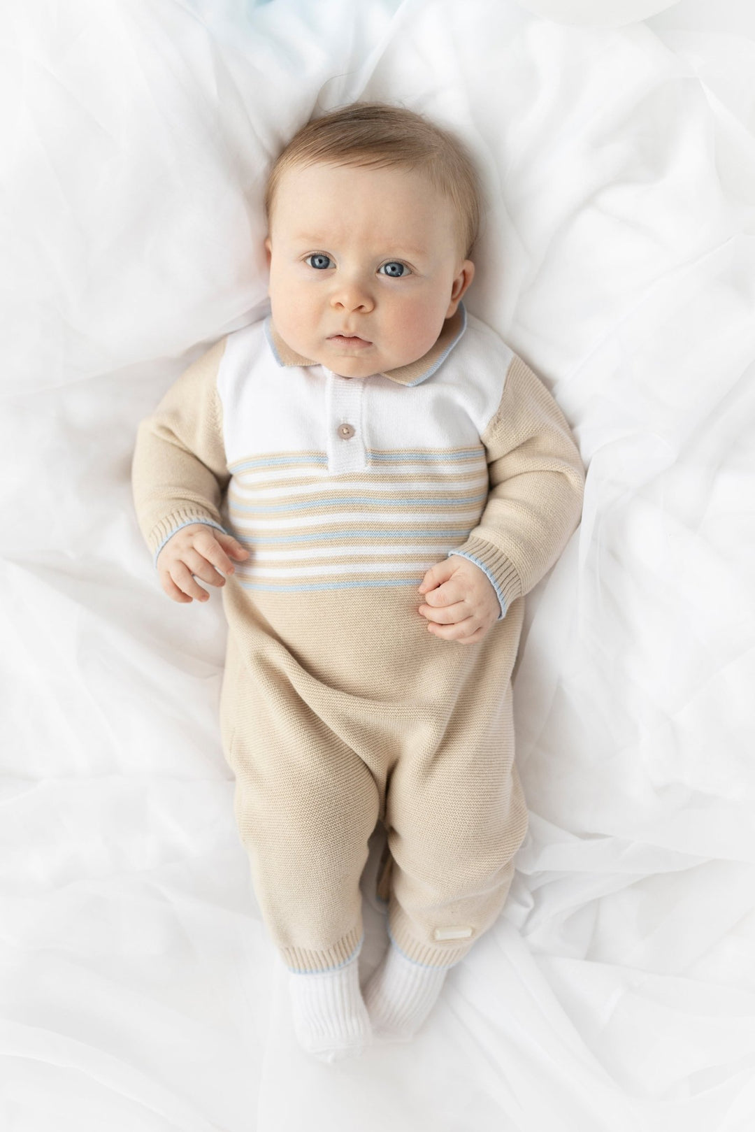 Blues Baby "Ollie" Beige, White & Blue Knitted Polo Romper - Millie and John