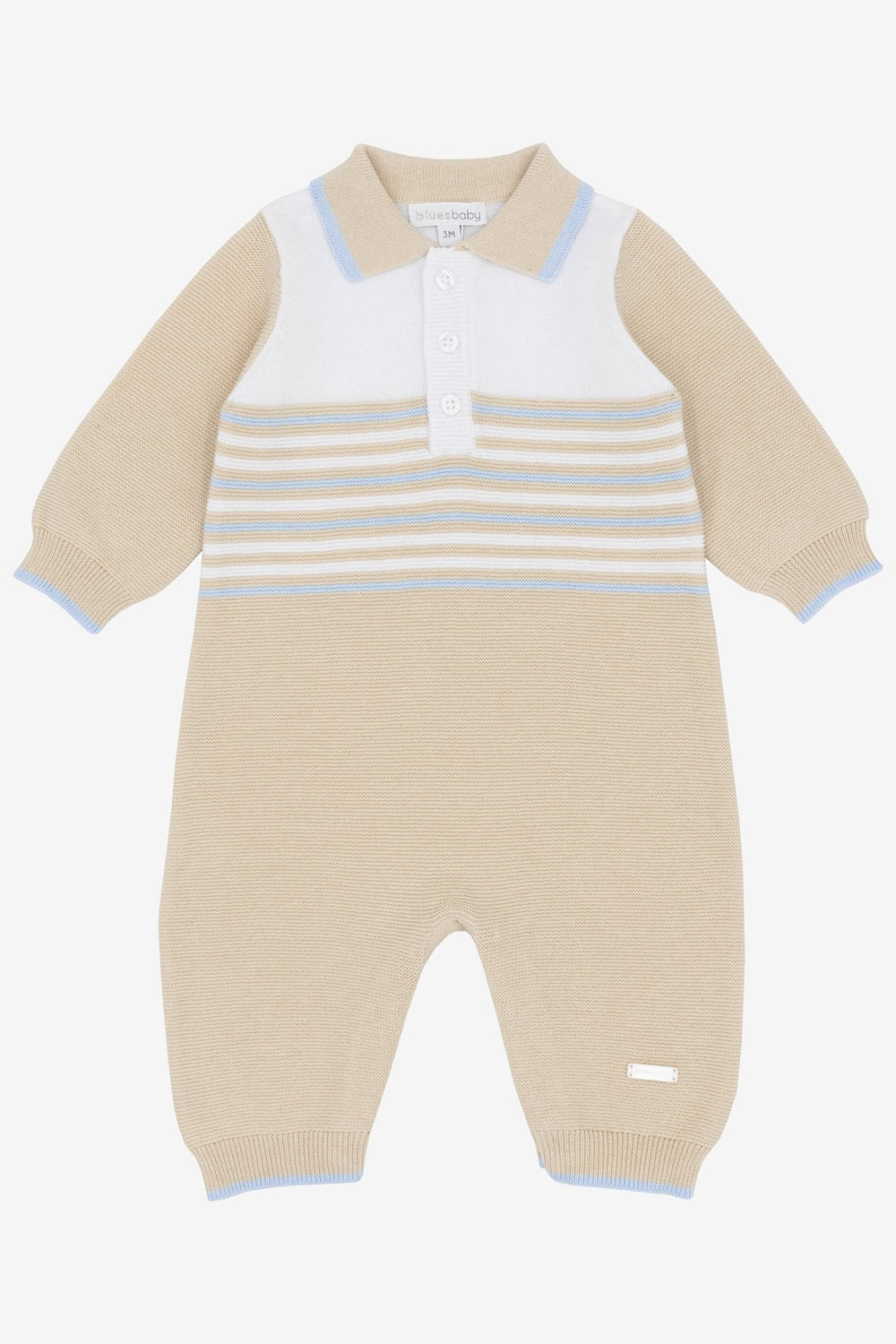 Blues Baby "Ollie" Beige, White & Blue Knitted Polo Romper - Millie and John