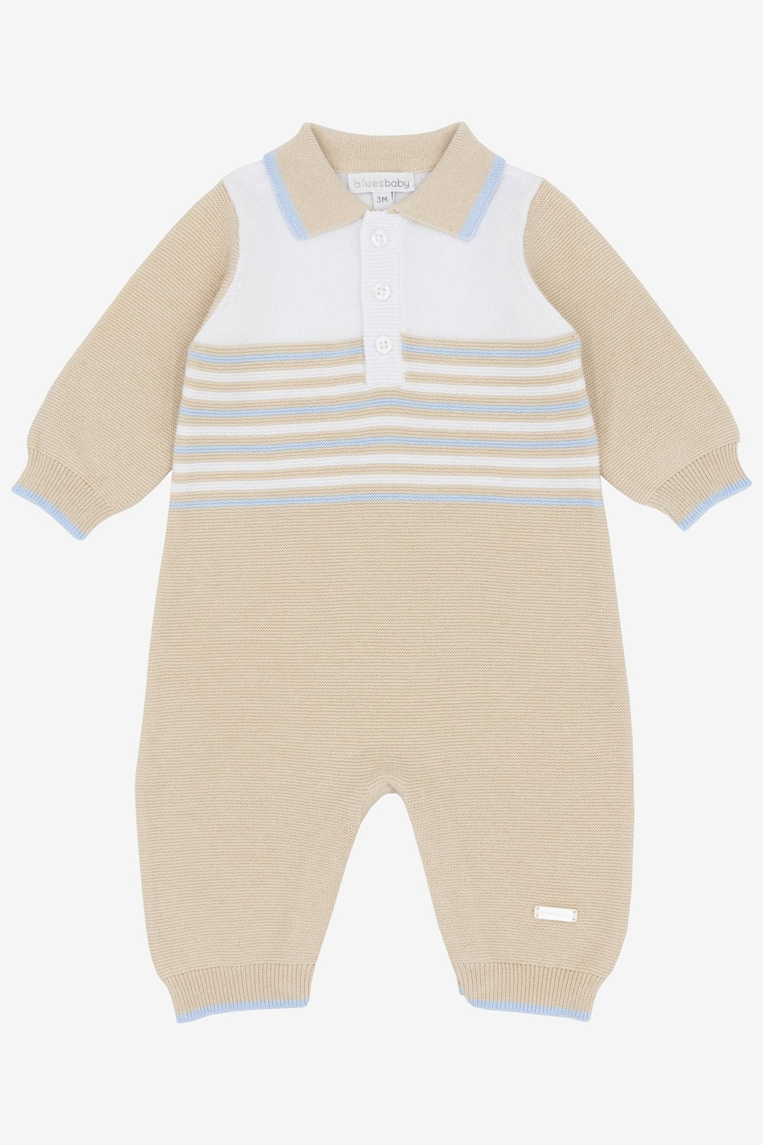 Blues Baby "Ollie" Beige, White & Blue Knitted Polo Romper - Millie and John