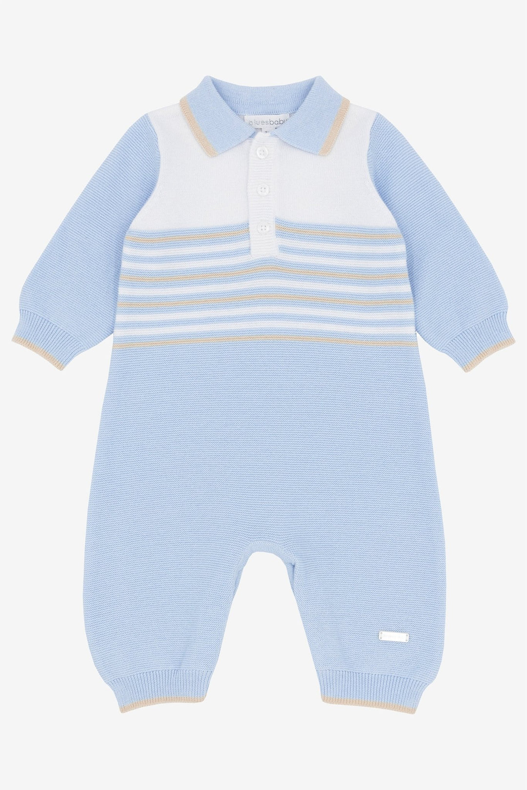 Blues Baby "Ollie" Blue, White & Beige Knitted Polo Romper - Millie and John
