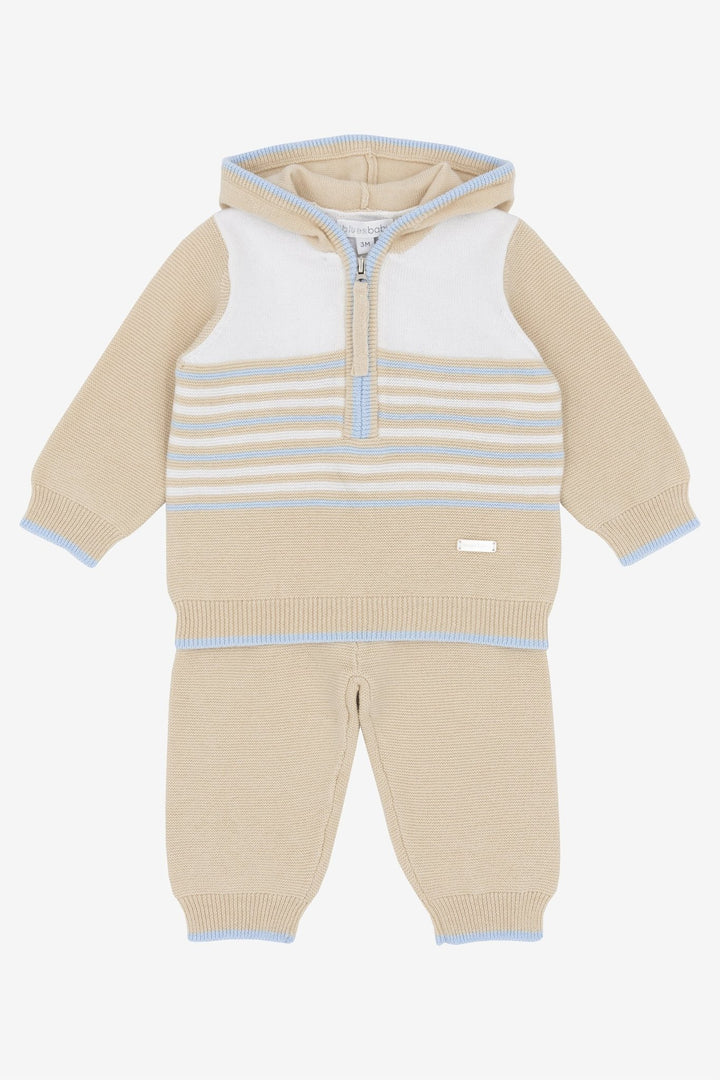 Blues Baby "Reuben" Beige, White &amp; Blue Knitted Hoodie &amp; Trousers - Millie and John