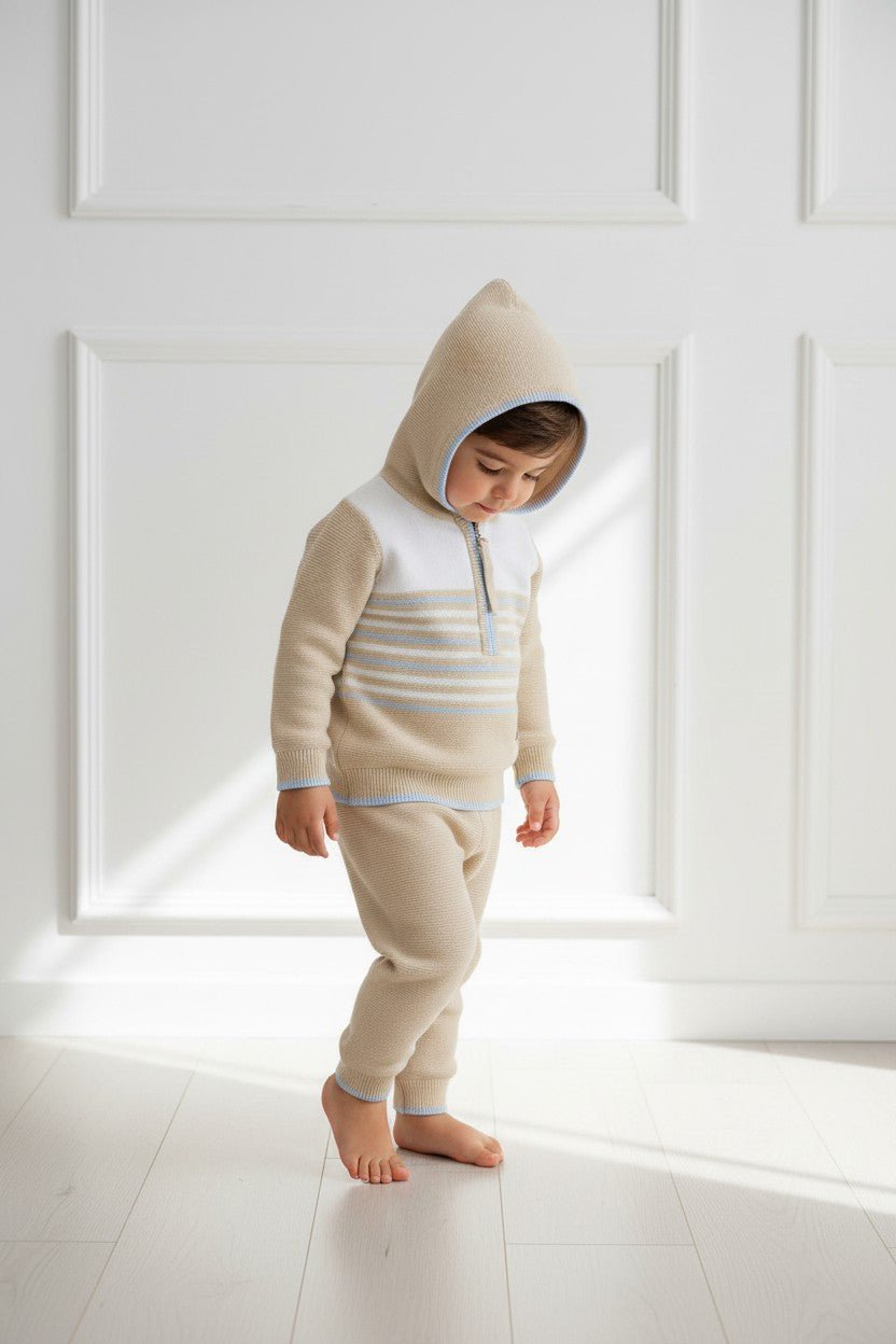 Blues Baby "Reuben" Beige, White & Blue Knitted Hoodie & Trousers - Millie and John