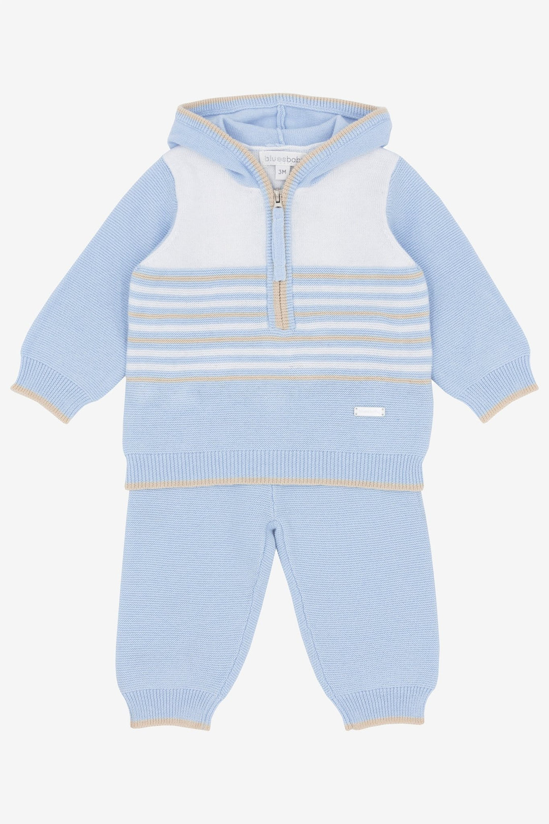 Blues Baby "Reuben" Blue, White & Beige Knitted Hoodie & Trousers - Millie and John