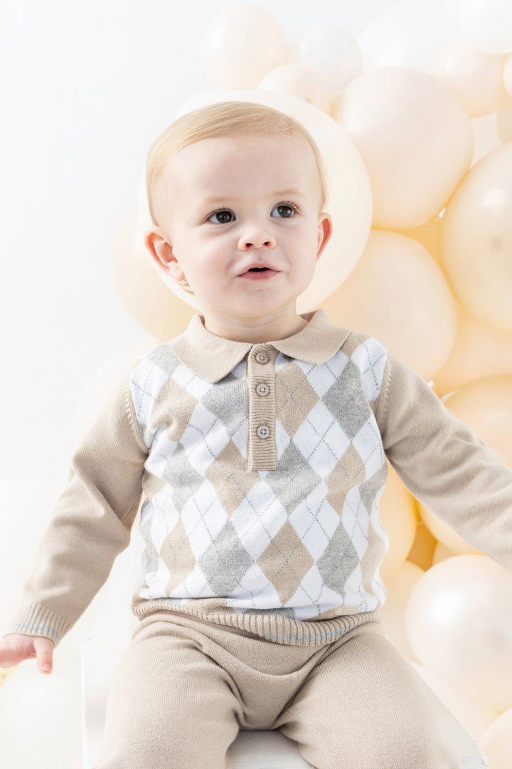 Blues Baby "Xavier" Beige & Grey Argyle Knit Top & Trousers - Millie and John