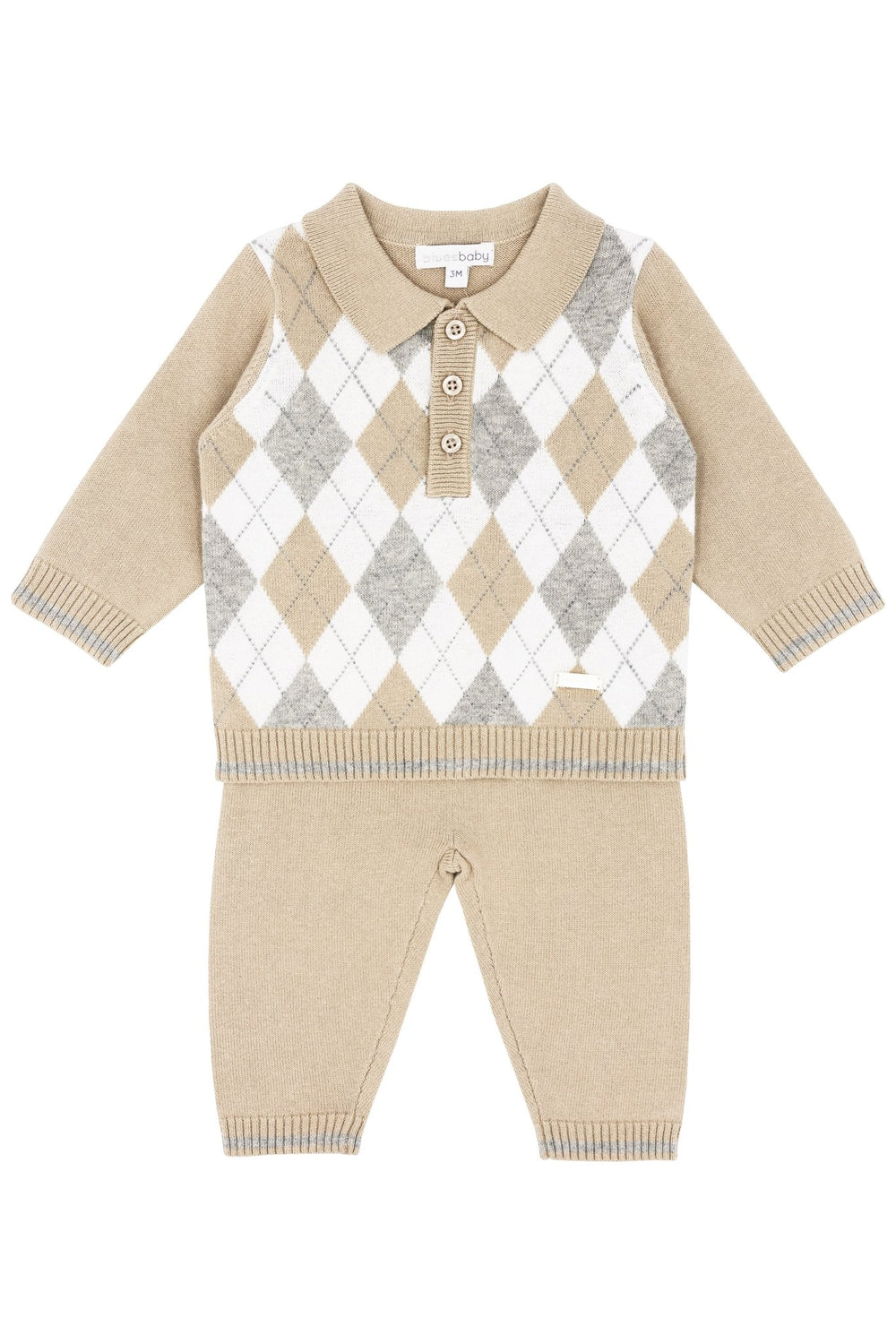 Blues Baby "Xavier" Beige & Grey Argyle Knit Top & Trousers - Millie and John