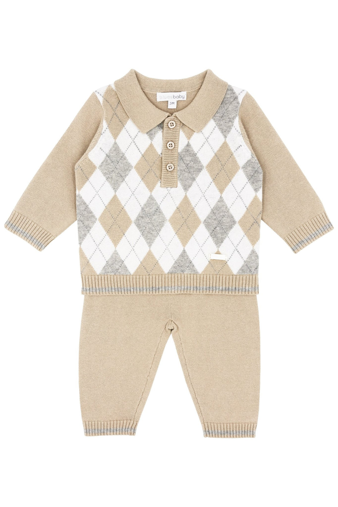 Blues Baby "Xavier" Beige & Grey Argyle Knit Top & Trousers - Millie and John