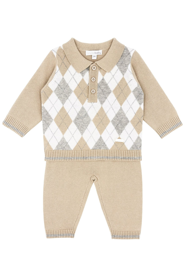 Blues Baby "Xavier" Beige & Grey Argyle Knit Top & Trousers - Millie and John