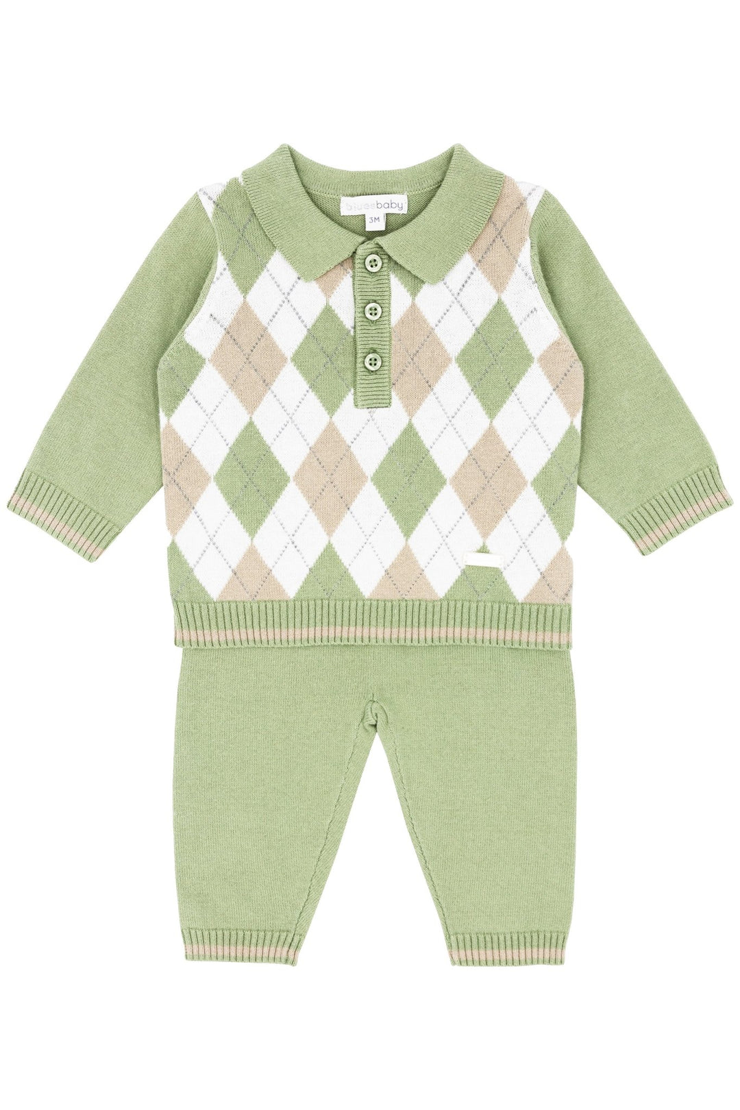 Blues Baby "Xavier" Sage Green & Beige Argyle Knit Top & Trousers - Millie and John