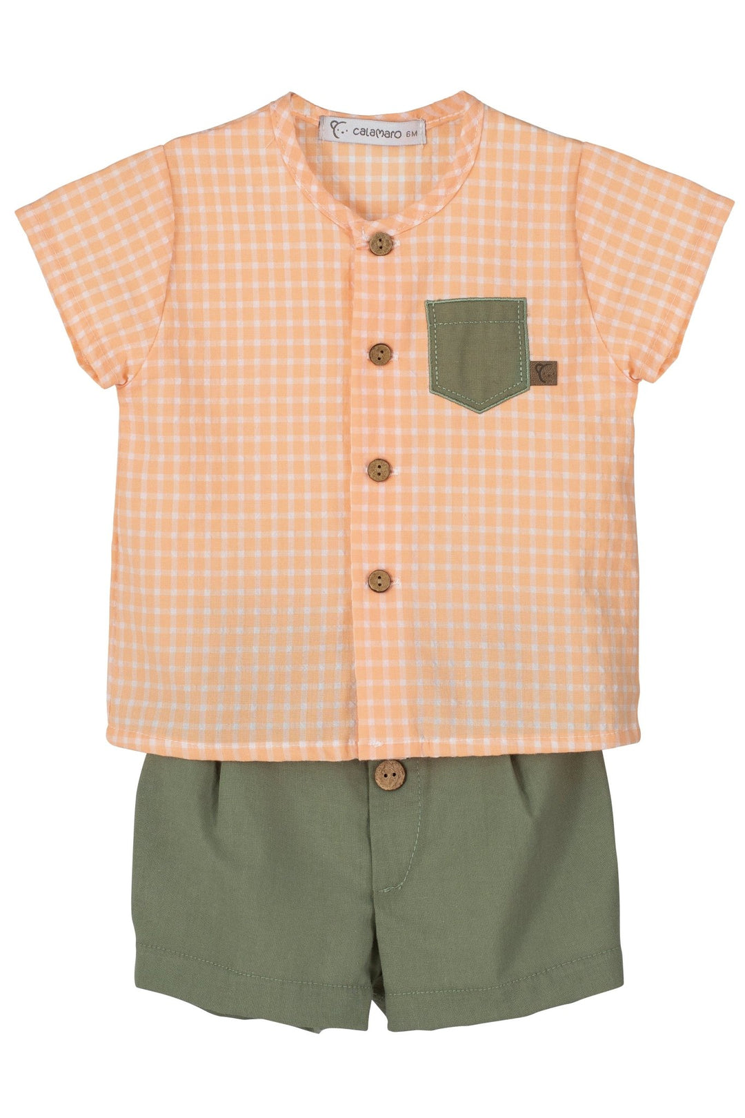 Calamaro "Asher" Peach Gingham Shirt & Khaki Shorts - Millie and John