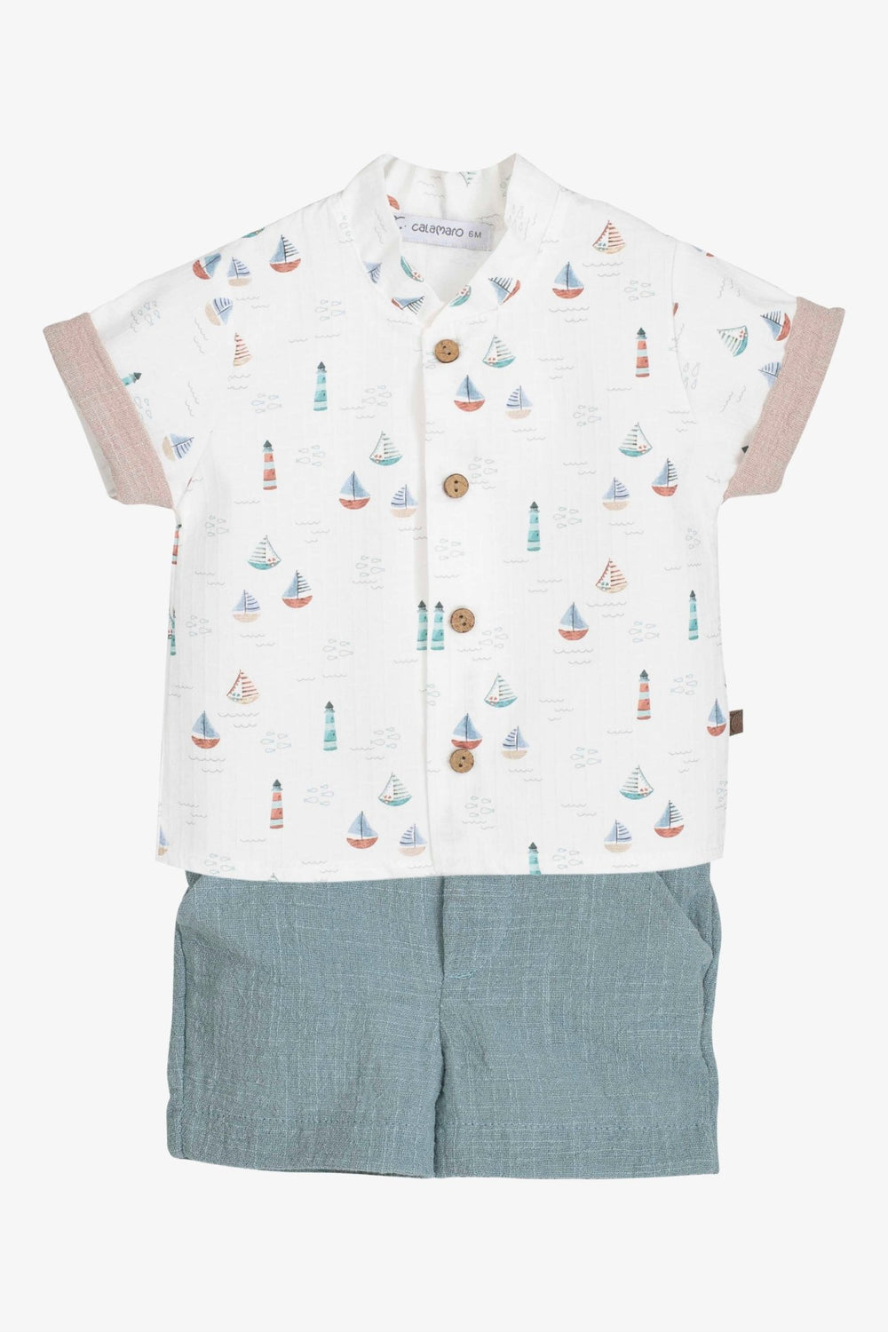 Calamaro "Asher" Stone & Teal Sailboat Shirt & Shorts - Millie and John