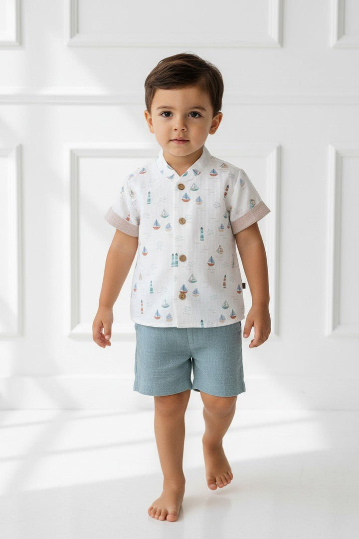 Calamaro "Asher" Stone &amp; Teal Sailboat Shirt &amp; Shorts - Millie and John