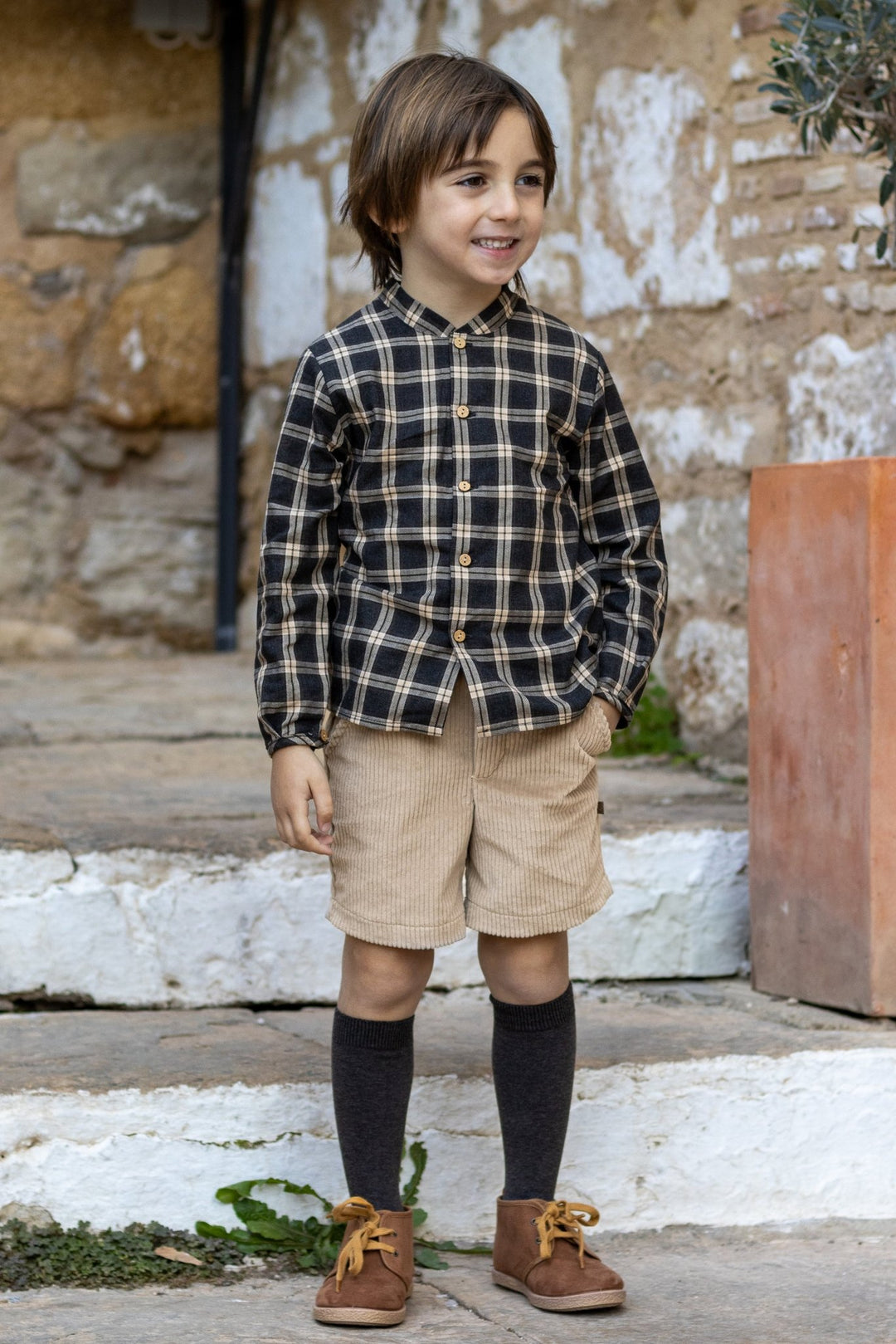 Calamaro "Bram" Charcoal & Stone Tartan Shirt & Shorts - Millie and John