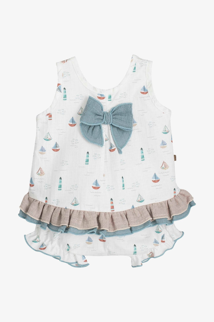 Calamaro "Callista" Stone & Teal Sailboat Dress & Bloomers - Millie and John