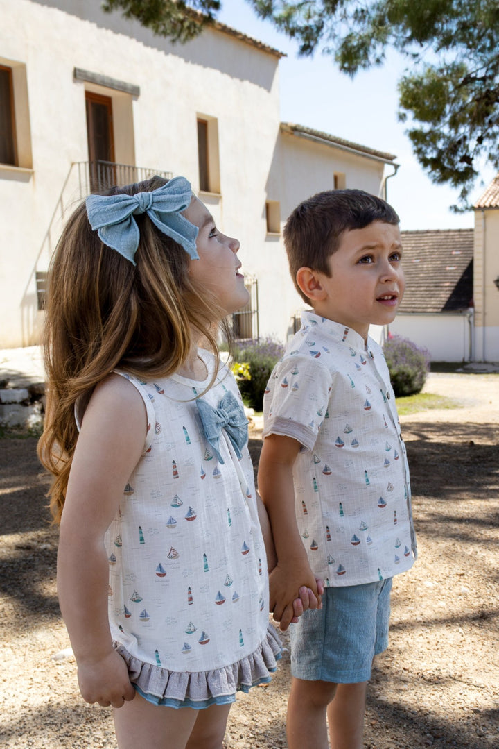 Calamaro "Callista" Stone & Teal Sailboat Dress & Bloomers - Millie and John