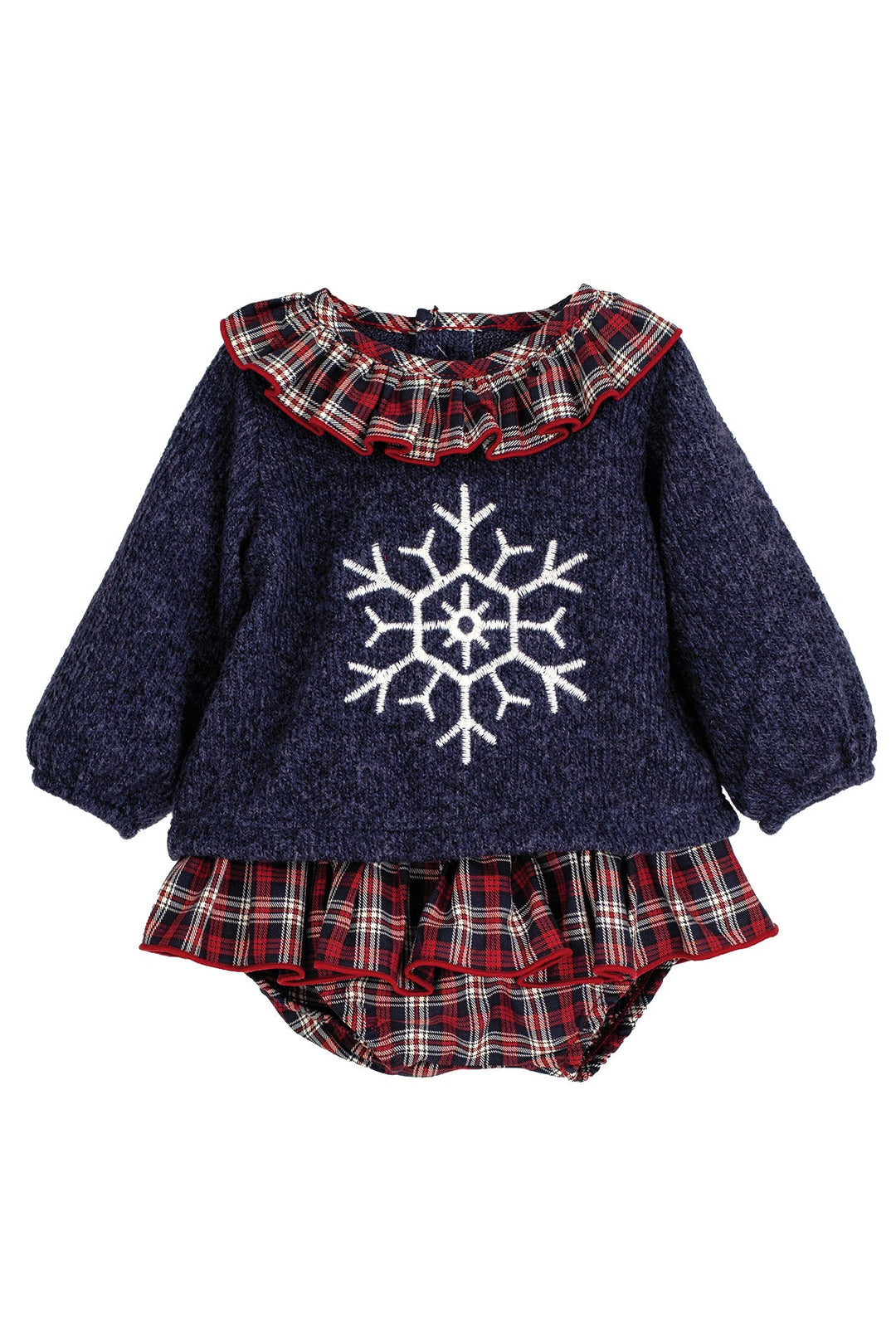 Calamaro "Celeste" Navy Chenille Snowflake Jumper & Tartan Skort - Millie and John