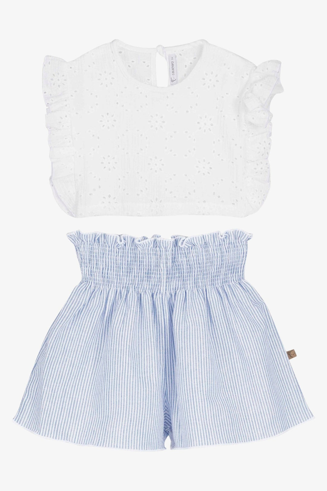 Calamaro "Dottie" White Broderie Anglaise Top & Blue Striped Shorts - Millie and John