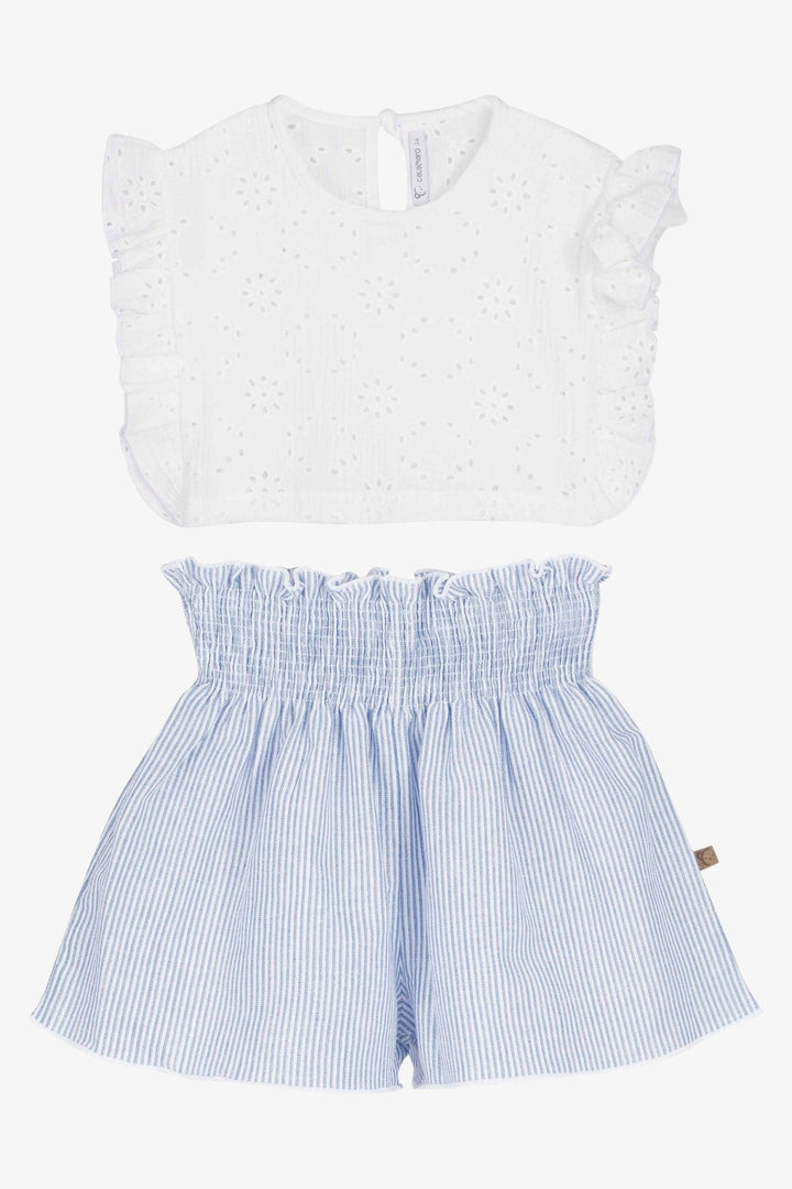 Calamaro "Dottie" White Broderie Anglaise Top & Blue Striped Shorts - Millie and John