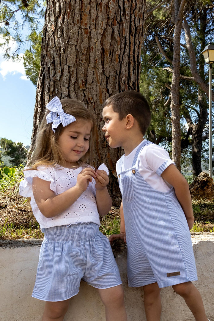 Calamaro "Dottie" White Broderie Anglaise Top & Blue Striped Shorts - Millie and John