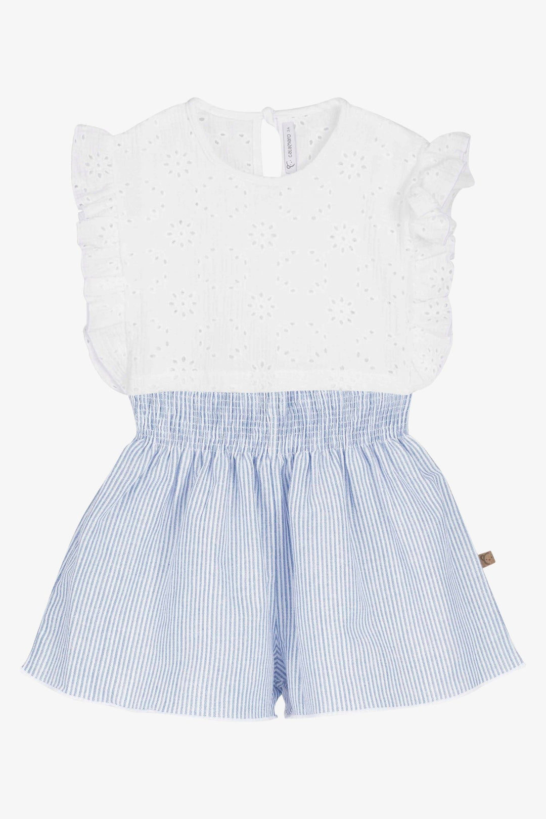 Calamaro "Dottie" White Broderie Anglaise Top & Blue Striped Shorts - Millie and John
