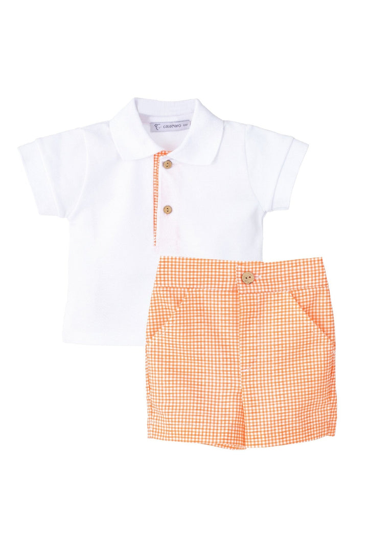 Calamaro "Elias" White Polo Shirt & Orange Gingham Shorts - Millie and John