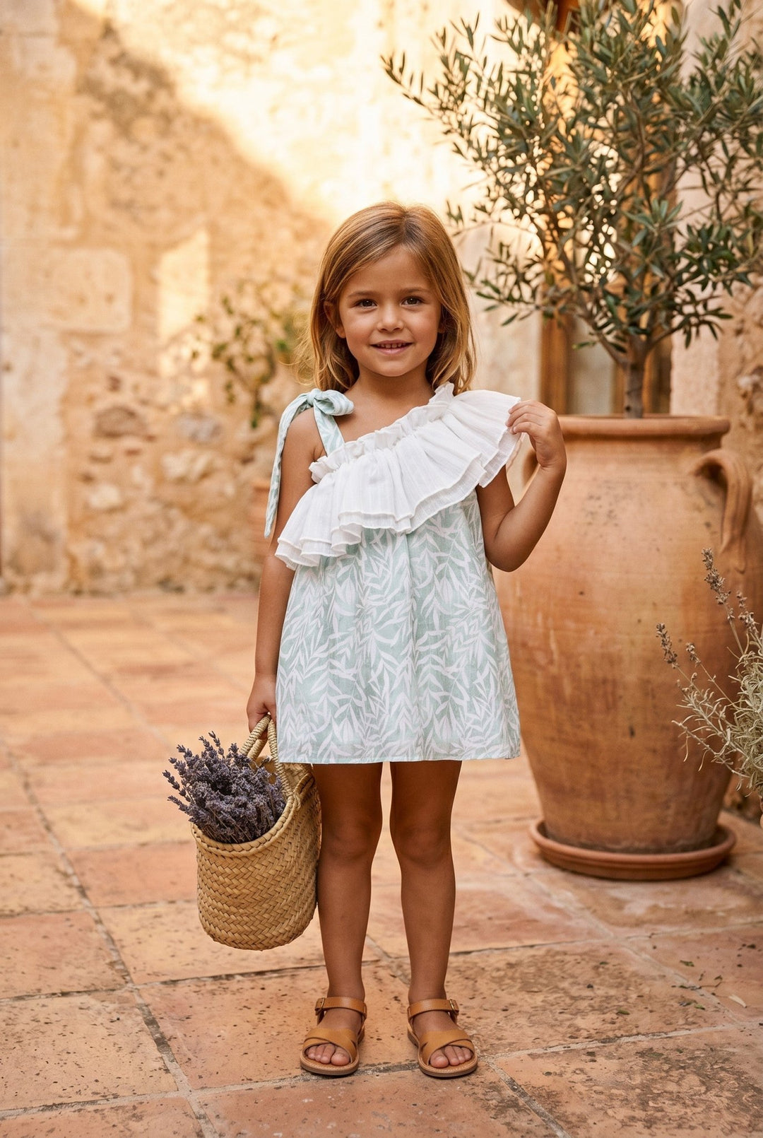 Calamaro Excellentt "Adelaide" Sage Leaf-Print One-Shoulder Dress - Millie and John