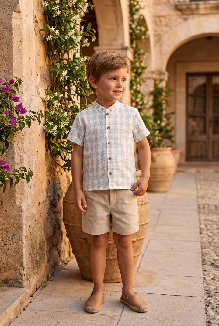 "Ambrose" Sage &amp; Stone Check Shirt &amp; Shorts