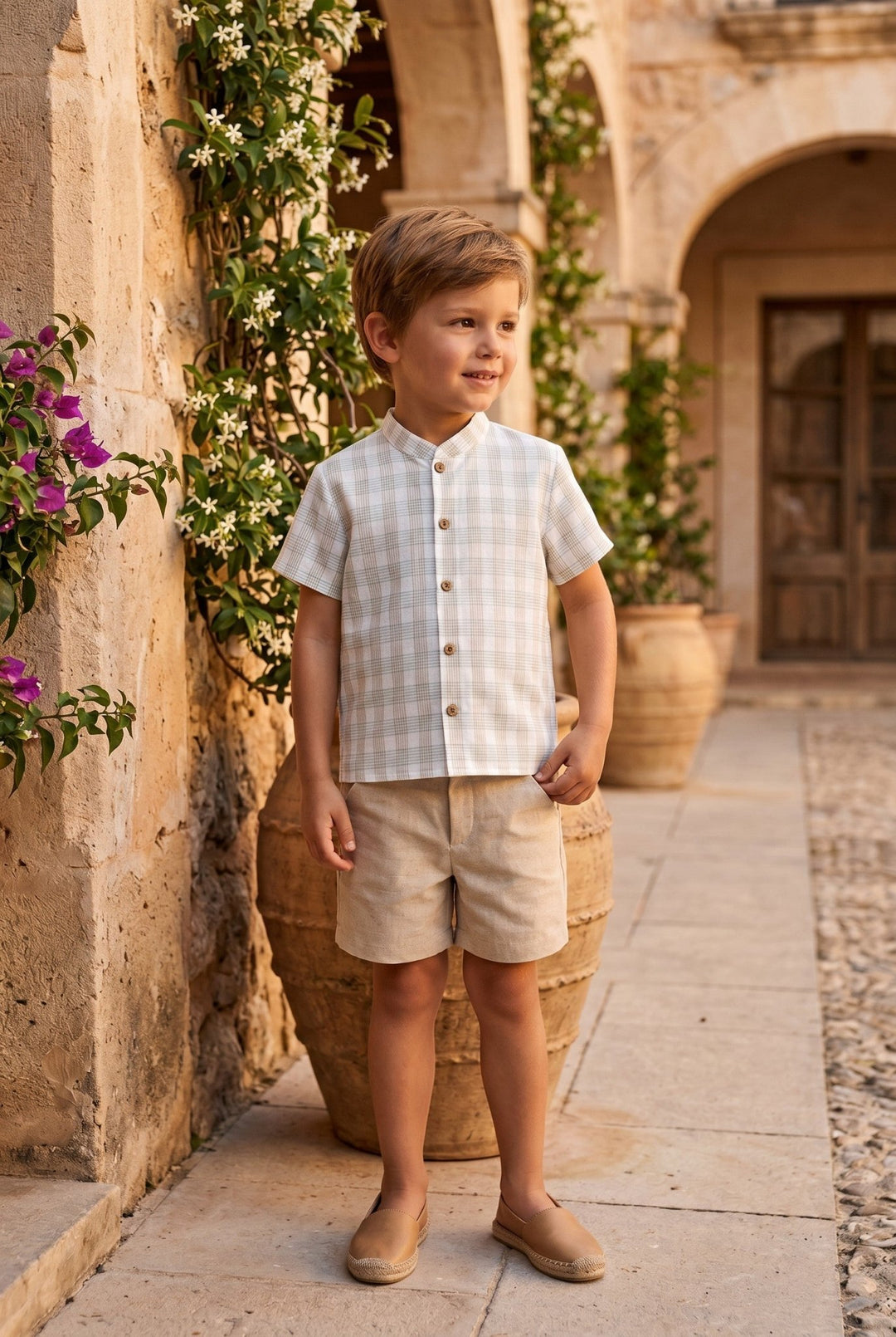 Calamaro Excellentt "Ambrose" Sage & Stone Check Shirt & Shorts - Millie and John