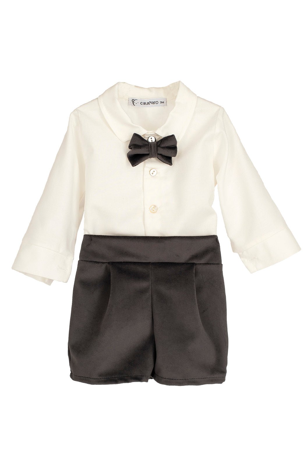 Calamaro Excellentt "Ambrose" Traditional White Shirt & Charcoal Velvet Shorts - Millie and John