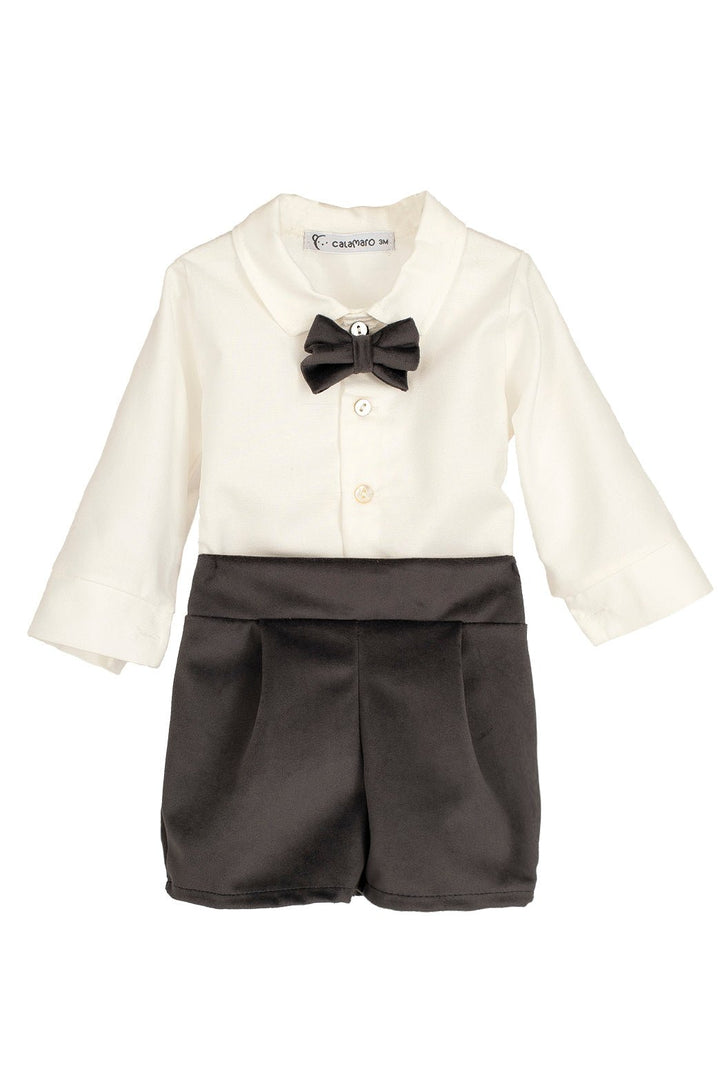 Calamaro Excellentt "Ambrose" Traditional White Shirt & Charcoal Velvet Shorts - Millie and John
