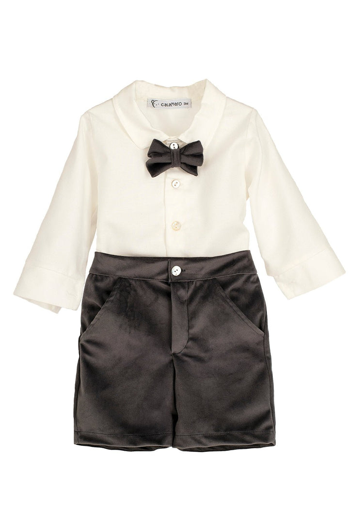Calamaro Excellentt "Ambrose" Traditional White Shirt & Charcoal Velvet Shorts - Millie and John