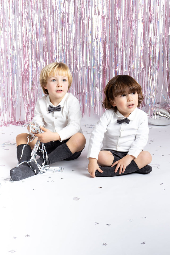 Calamaro Excellentt "Ambrose" Traditional White Shirt & Charcoal Velvet Shorts - Millie and John