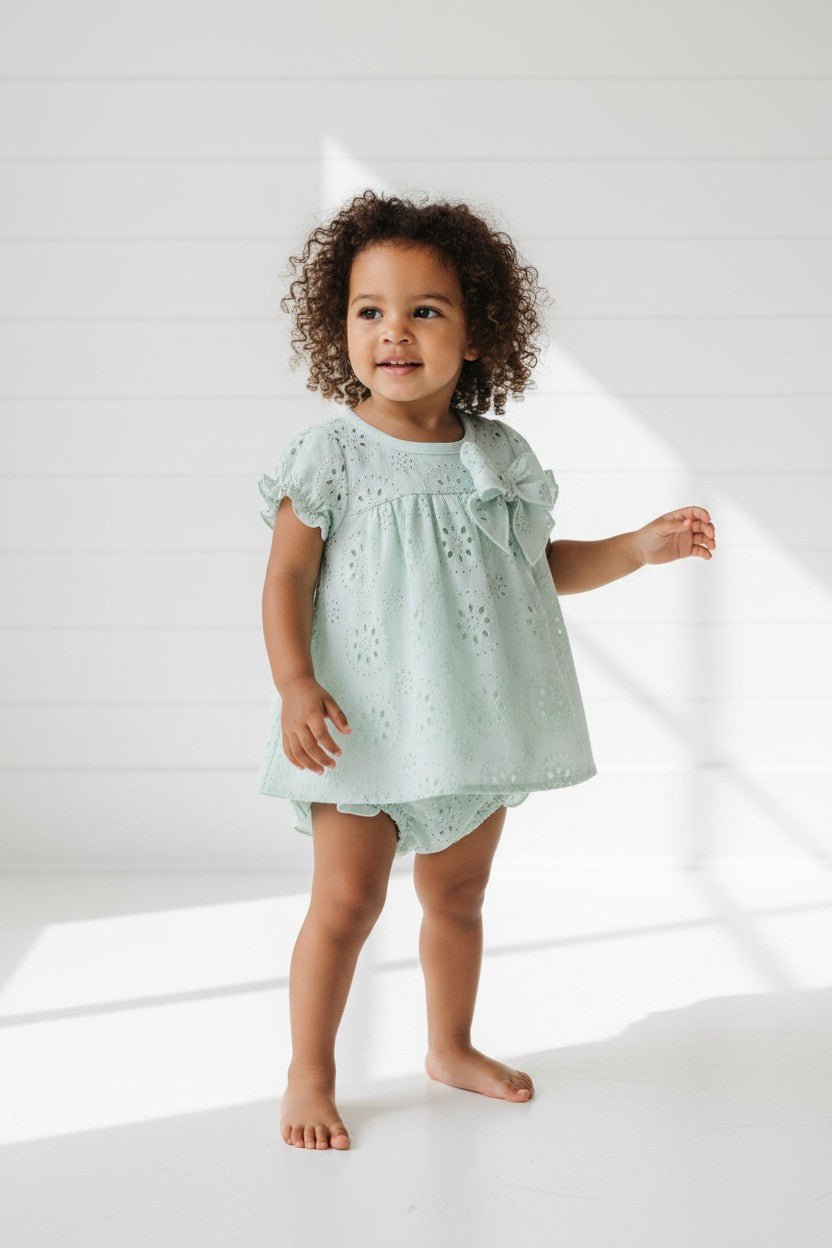 Calamaro Excellentt "Carmilla" Sage Green Broderie Anglaise Dress & Bloomers - Millie and John