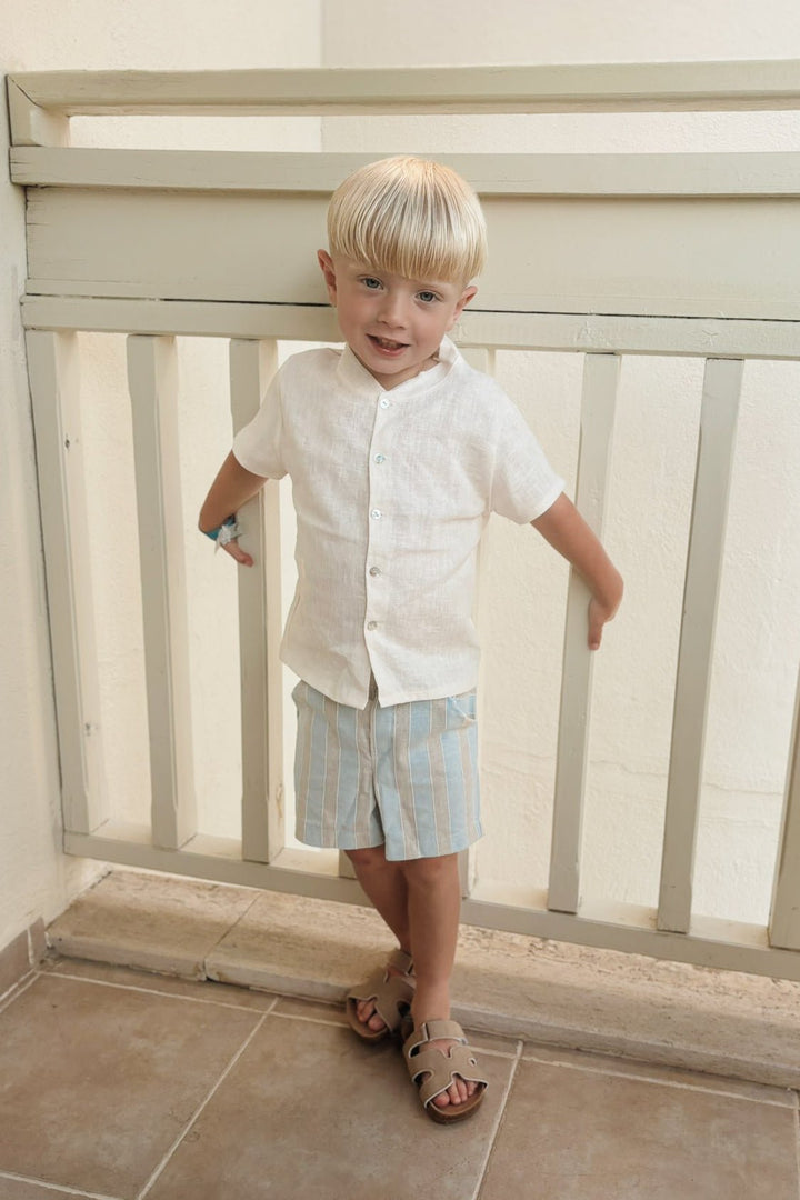 Calamaro Excellentt "Cedric" Powder Blue & Stone Striped Shirt & Shorts - Millie and John