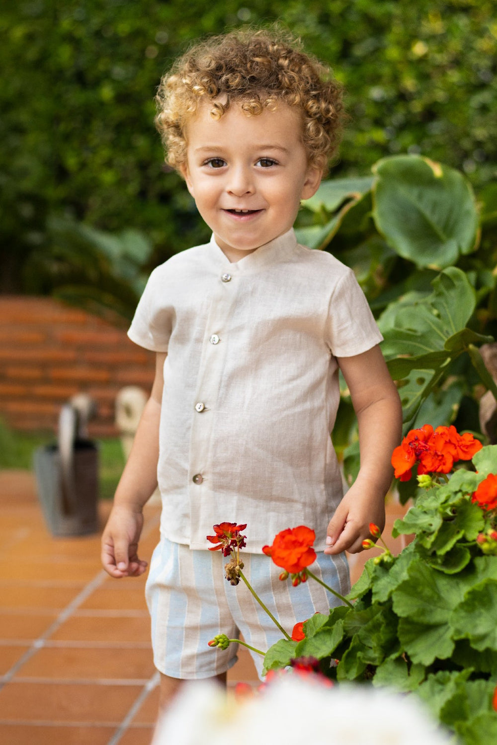 Calamaro Excellentt "Cedric" Powder Blue & Stone Striped Shirt & Shorts - Millie and John