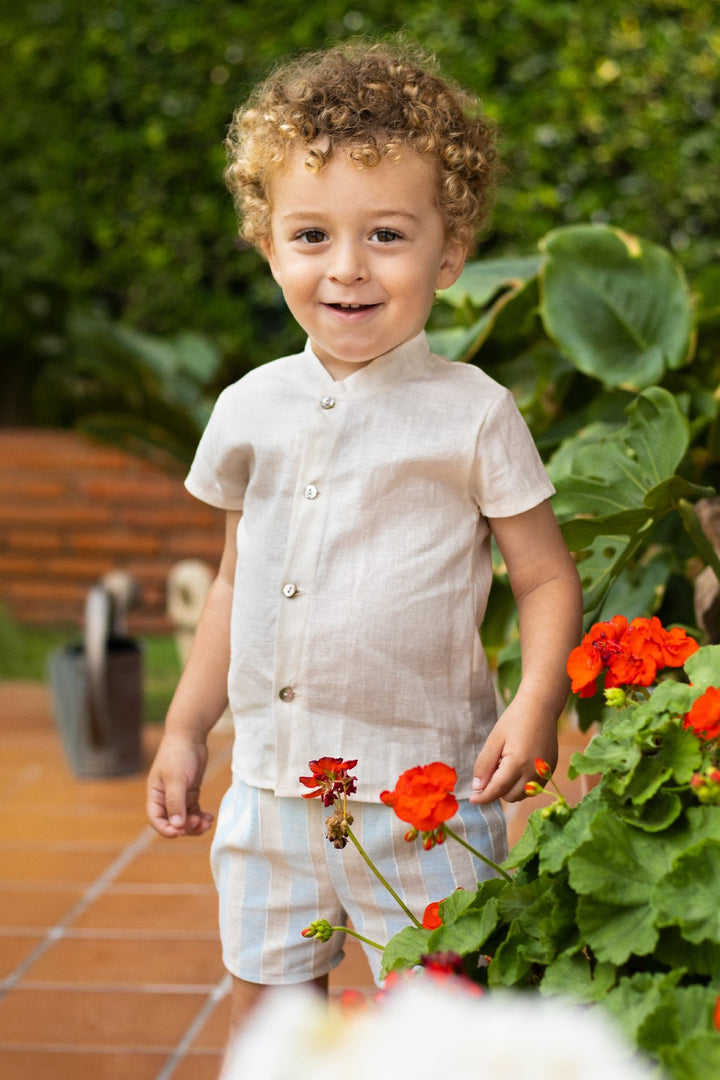 Calamaro Excellentt "Cedric" Powder Blue & Stone Striped Shirt & Shorts - Millie and John