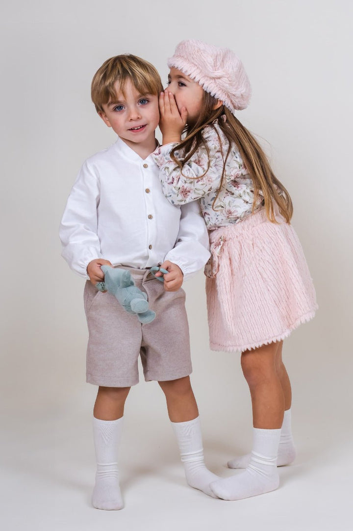 Calamaro Excellentt "Emma" Pale Pink Floral Blouse & Faux Fur Skirt - Millie and John