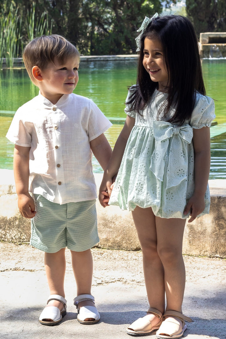 Calamaro Excellentt "Mabel" Sage Green Broderie Anglaise Bubble Dress - Millie and John