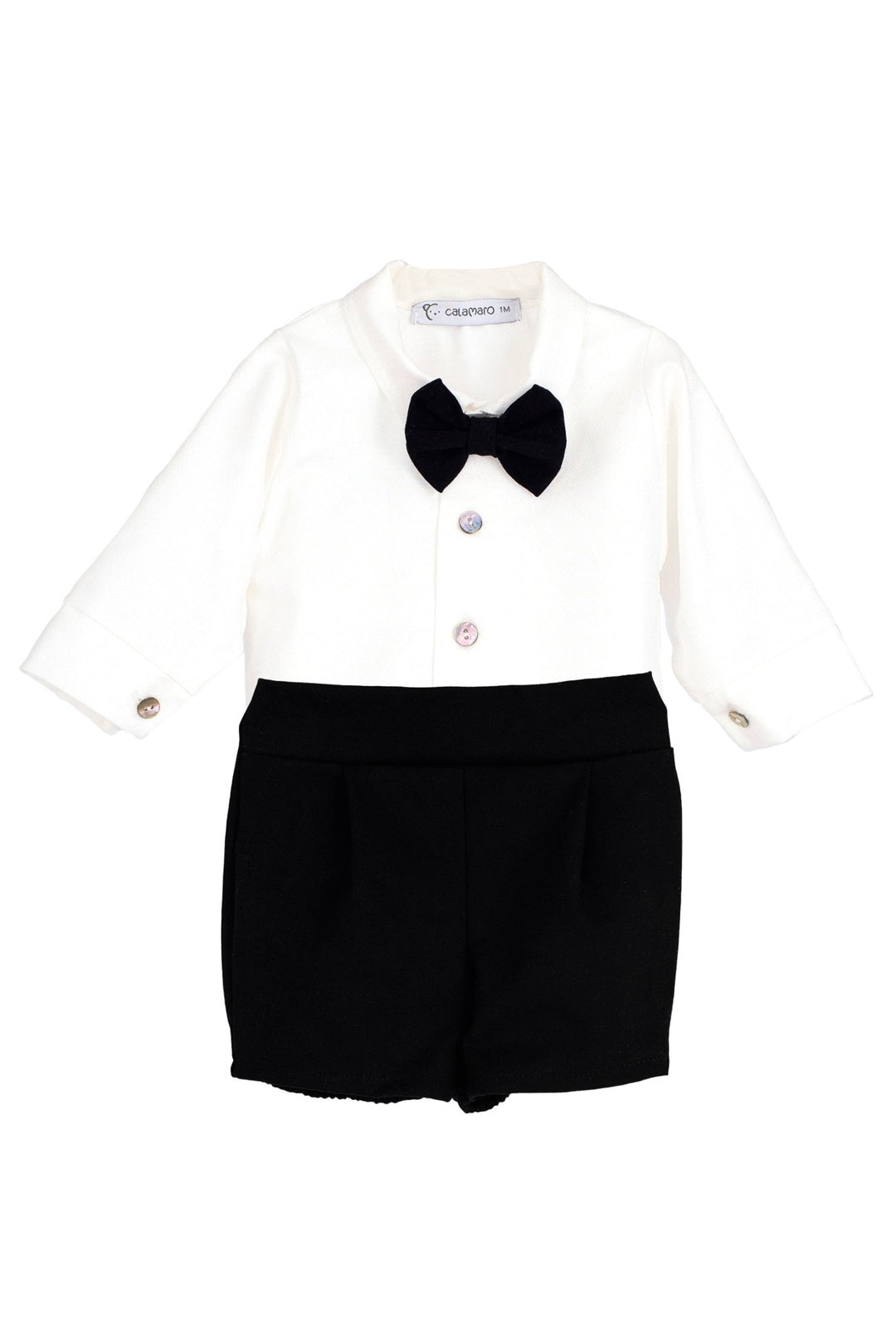Calamaro Excellentt "Montgomery" Traditional White Shirt & Black Velvet Shorts - Millie and John