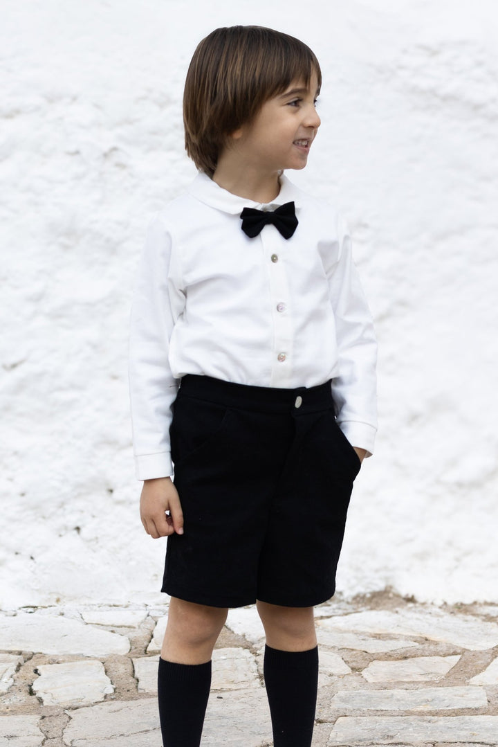 Calamaro Excellentt "Montgomery" Traditional White Shirt & Black Velvet Shorts - Millie and John