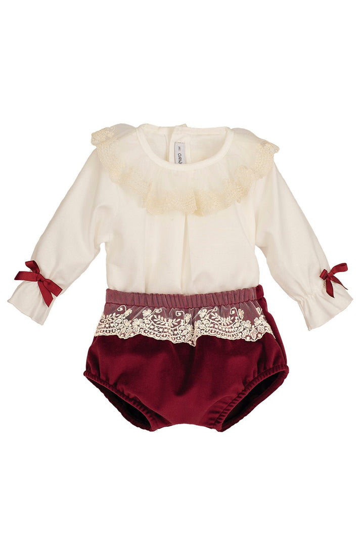 Calamaro Excellentt "Rosalie" Lace Blouse & Burgundy Velvet Bloomers - Millie and John