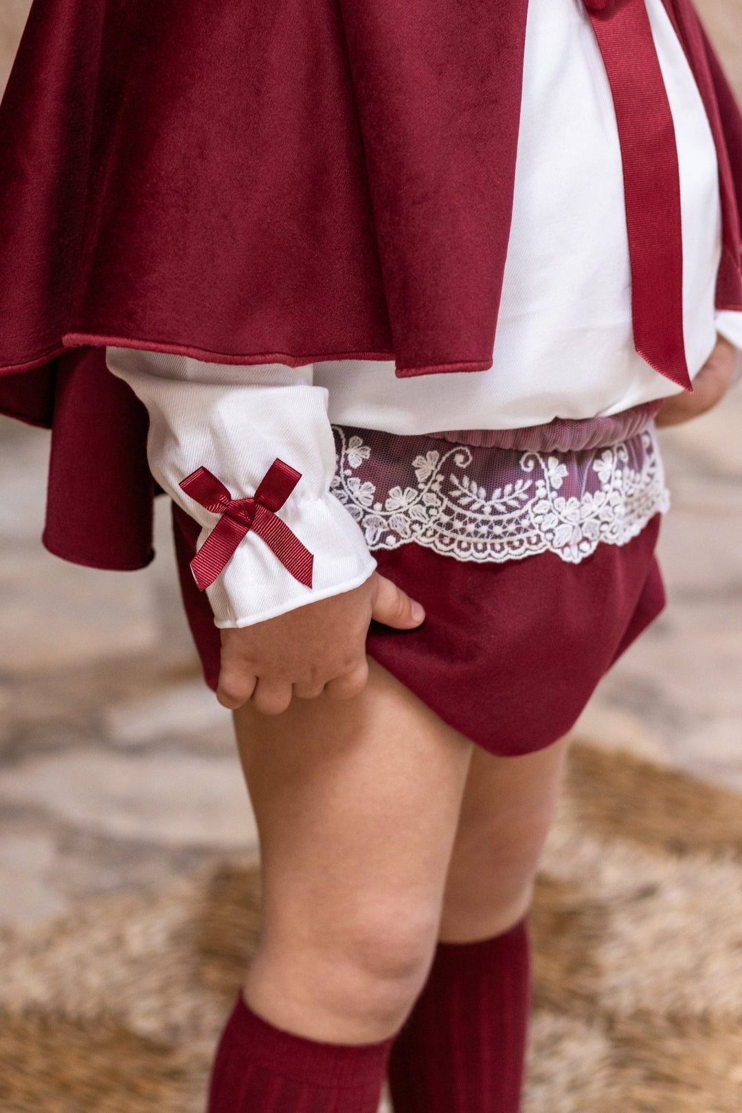 Calamaro Excellentt "Rosalie" Lace Blouse & Burgundy Velvet Bloomers - Millie and John