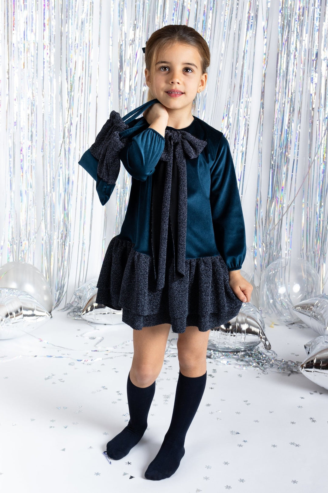 Calamaro Excellentt "Seraphina" Sparkly Navy Velvet Drop Waist Dress - Millie and John